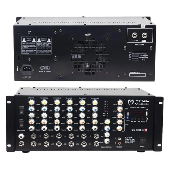 Magicvoice MV-300EF-TR 300 Watt 6 Mikrofon Girişli USB-Bluetooth Destekli Trafolu Mixer Anfi