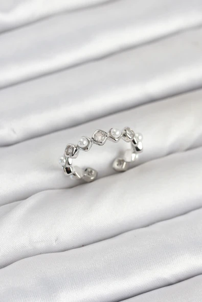 Pirinç Gümüş Renk Zirkon Taşlı İncili Kadın Yüzük - EBJ250927W37964 ürün görseli