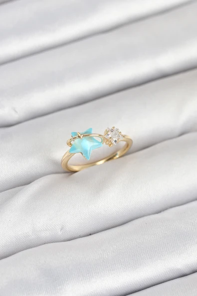 Pirinç Gold Renk Mavi Yıldızlı Model Kadın Yüzük - EBJ250927W37955 ürün görseli