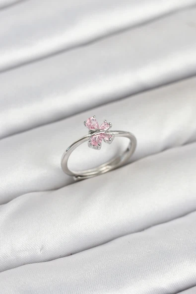 Pirinç Gümüş Renk Pembe Kelebek Kadın Yüzük - EBJ250927W37958 ürün görseli