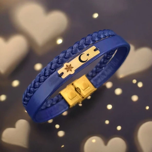 Sembole Özel Doğal Lacivert Derili 14 Ayar Altın Plakalı Kar Tanesi Motifli Hediye Bileklik-451 ürün görseli