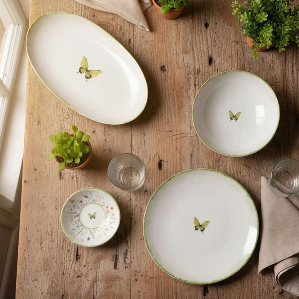 GÜRAL PORSELEN Flora Green 12 Parça 4 Kişilik Kahvaltı Takımı 4883 - 4