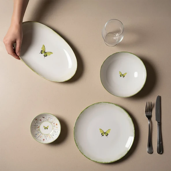 GÜRAL PORSELEN Flora Green 12 Parça 4 Kişilik Kahvaltı Takımı 4883 - 5