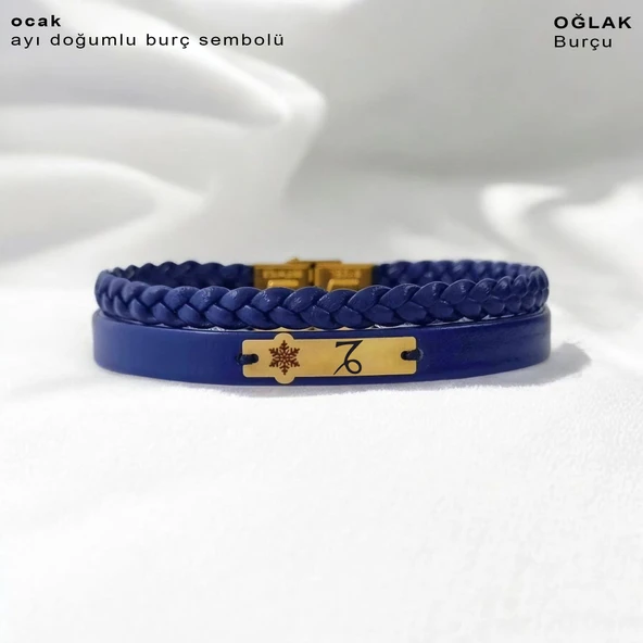 Doğum Ayına Özel 14 Ayar Altın Plakalı Kar Tanesi Motifli Doğal Lacivert Derili Hediye Bileklik-451 - Resim 2
