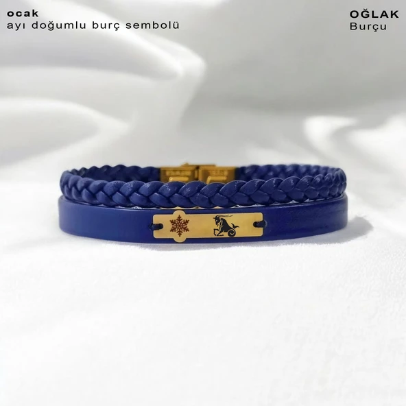 Burca Özel Kar Tanesi Motifli Doğal Lacivert Derili 14 Ayar Altın Plakalı Hediye Bileklik-451 - Resim 2