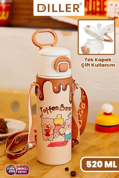 DILLER 520 ML Kılıflı Tek Kapak Çift Kullanım Pipetli/Pipetsiz Taşıma El Askılı Vacum Cup/Çelik Termos -D9260ML520 - 1