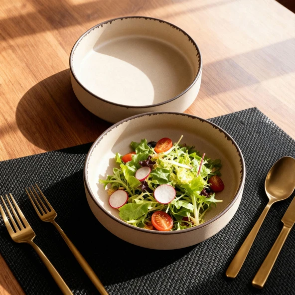 GÜRAL PORSELEN Ese Valeron  2 Adet 18 cm Salata Kasesi Mat Bej 26B - 2