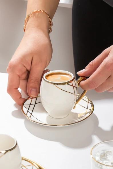 Porsima Solara Altın Yaldızlı 6 Kişilik Fincan Seti 12 Parça Türk Kahvesi Takımı Kahve Fincanı - 2