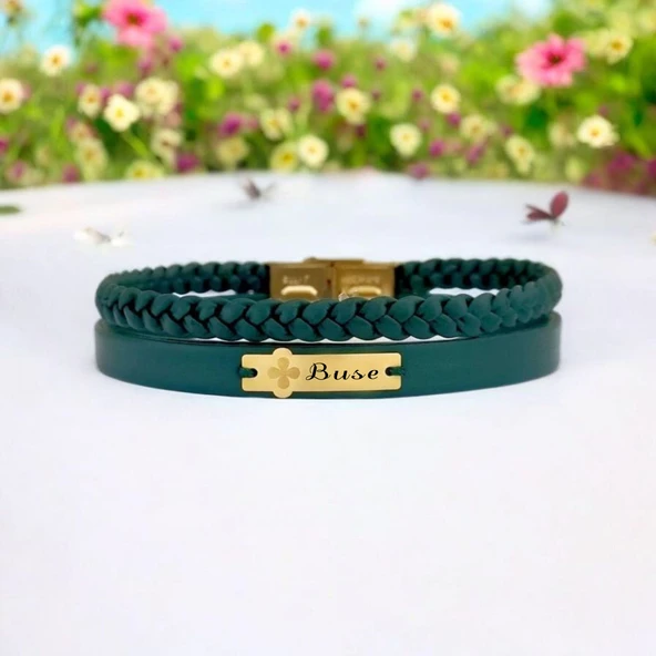 İsme Özel Çiçek Figürlü Doğal Yeşil Derili 14 Ayar Altın Plakalı Hediye Bileklik-452 - Resim 2