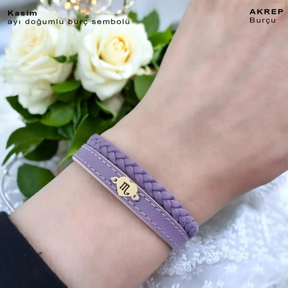 Doğum Ayına Özel 14 Ayar Altın Plakalı Kalp Motifli Doğal Mor Derili Hediye Bileklik-453 - Resim 2