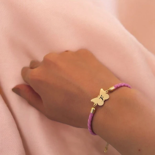 Harfe Özel 14 Ayar Altın Plakalı Kelebek Motifli Doğal Pembe Derili Hediye Bileklik-455 - Resim 2