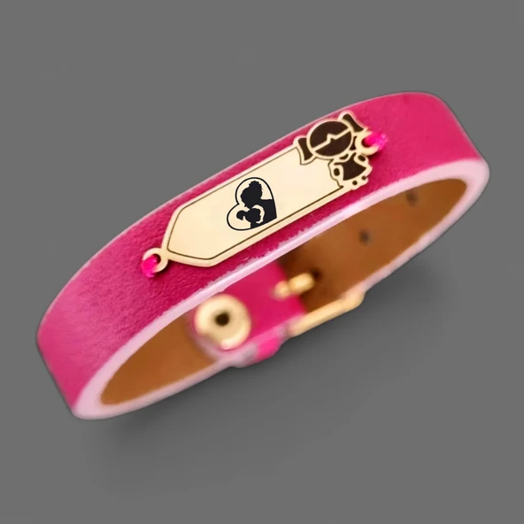 Sembole Özel Doğal Pembe Derili 14 Ayar Altın Plakalı Kız Çocuk Figürlü Hediye Bileklik-454 - Resim 2