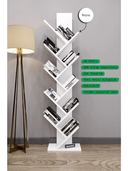 Likya Model, Beyaz Renk, 10 Raflı Dekoratif Kitaplık - Resim 3