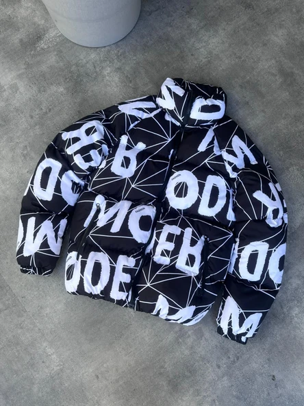 Dijital Baskı Siyah Şişme Mont - 2