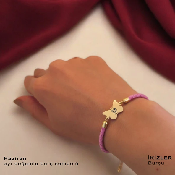 Burca Özel Kelebek Motifli Doğal Pembe Derili 14 Ayar Altın Plakalı Hediye Bileklik-455 - Resim 2