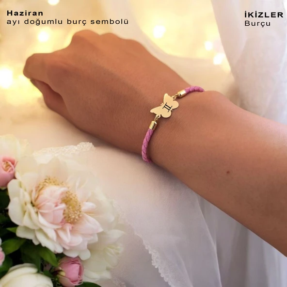 Doğum Ayına Özel 14 Ayar Altın Plakalı Kelebek Motifli Doğal Pembe Derili Hediye Bileklik-455 - Resim 3