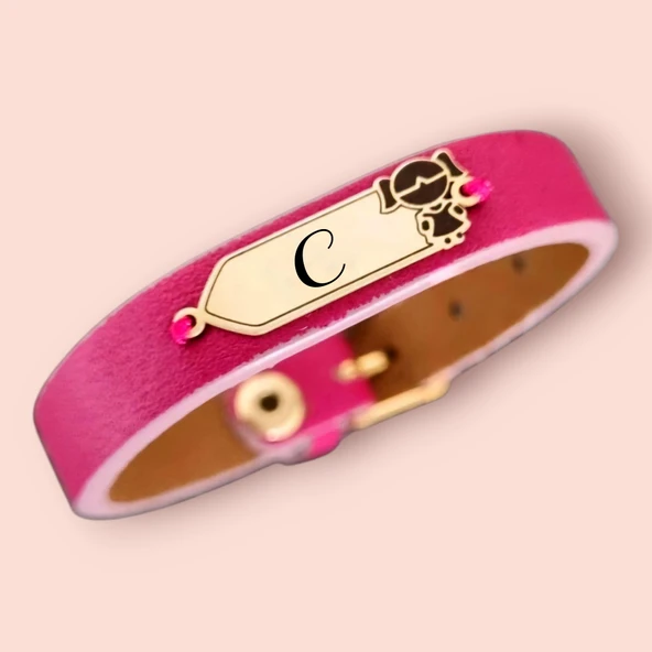 Harfe Özel 14 Ayar Altın Plakalı Kız Çocuk Figürlü Doğal Pembe Derili Hediye Bileklik-454 - Resim 2