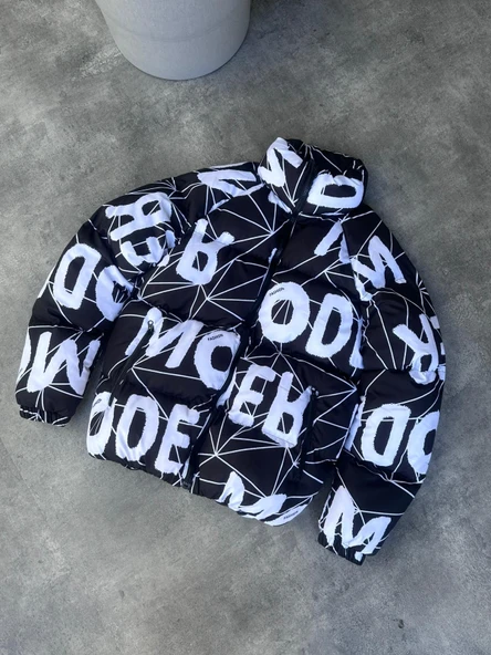 Dijital Baskı Siyah Şişme Mont