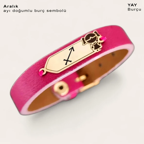 Doğum Ayına Özel 14 Ayar Altın Plakalı Kız Çocuk Figürlü Doğal Pembe Derili Hediye Bileklik-454 - Resim 2