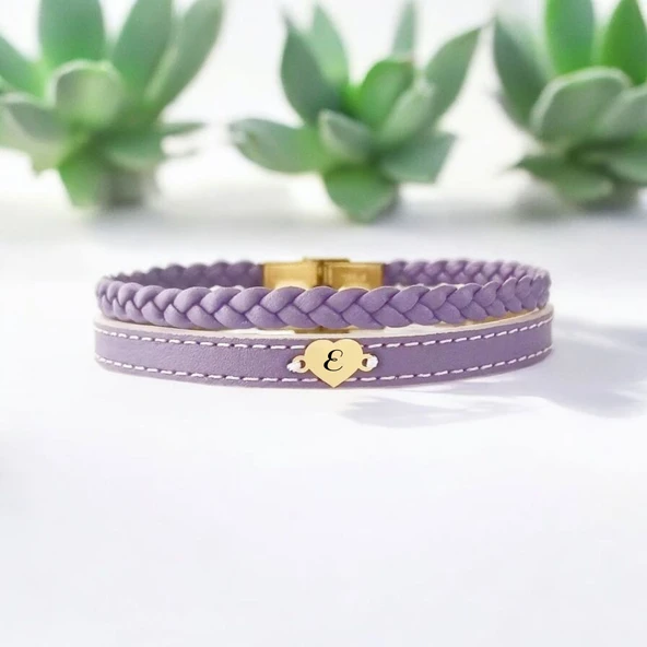 Harfe Özel 14 Ayar Altın Plakalı Kalp Motifli Doğal Mor Derili Hediye Bileklik-453 ürün görseli