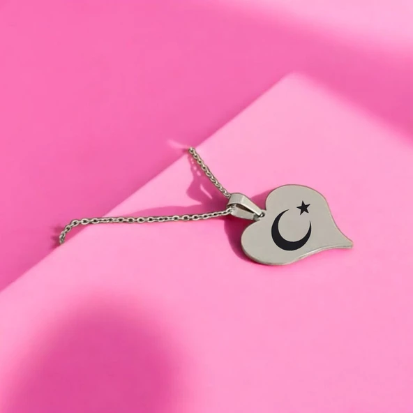 Sembole Özel Gümüş Renkli Zincirli 925 Ayar Gümüş Plakalı Kalp Figürlü Hediyelik Kolye-456