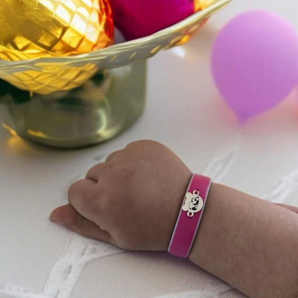 Sembole Özel Doğal Pembe Derili 14 Ayar Altın Plakalı Ayıcık Motifli Hediye Bileklik-458 - Resim 3