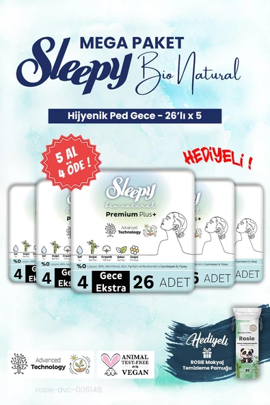 Sleepy Hijyenik ped 26'lı Gece Mega Paket Bio 5 AL 4 ÖDE ve ROSIE makyaj pamuğu ürün görseli