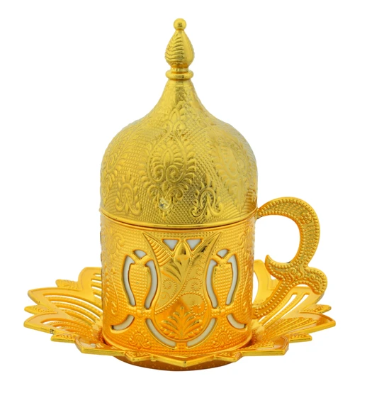 BUSEM Ahsen 6 Kişilik Kapaklı Lale Desenli Türk Kahve Fincanı 24 Parça Altın Renkli - 4