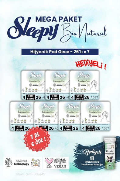 Sleepy Mega Paket 7 AL 6 ÖDE 26'lı Gece Bio Hijyenik ped ve ROSIE makyaj pamuğu ürün görseli