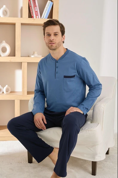 Pijamoni Erkek %100 Pamuk Penye Mevsimlik Uzun Kollu Pijama Takımı 6842 - 5