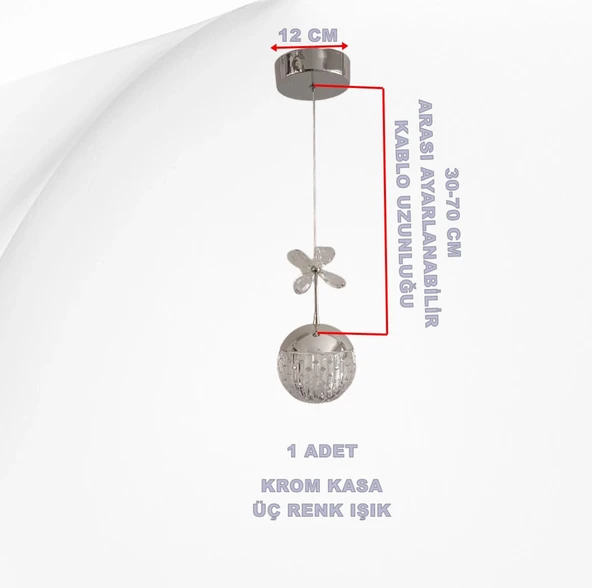 DMR Tekli Taşlı Top Sarkıt Led Avize KROM Kasa Üç Renk 6500k/4000k/3000k (Beyaz/ Ilık Beyaz/Sarı (Günışığı) - 2