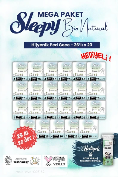 Sleepy Bio Hijyenik ped 23 AL 20 ÖDE 26'lı Gece Mega Paket ve ROSIE makyaj pamuğu ürün görseli