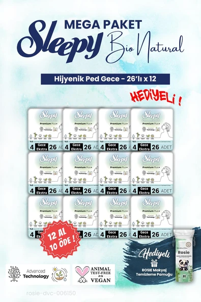 Sleepy 12 AL 10 ÖDE, 26'lı Gece Bio Hijyenik ped Mega Paket ve ROSIE makyaj pamuğu ürün görseli