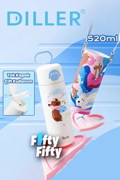 DILLER 520 ML Kılıflı Tek Kapak Çift Kullanım Pipetli/Pipetsiz Taşıma El Askılı Vacum Cup/Çelik Termos -D9338ML520 - 3