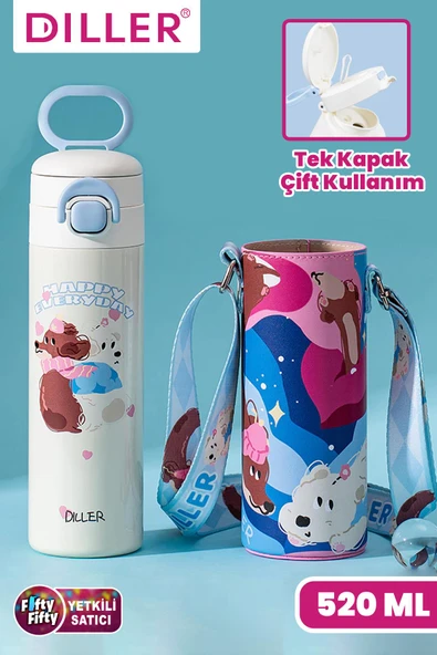 DILLER 520 ML Kılıflı Tek Kapak Çift Kullanım Pipetli/Pipetsiz Taşıma El Askılı Vacum Cup/Çelik Termos -D9338ML520 - 1