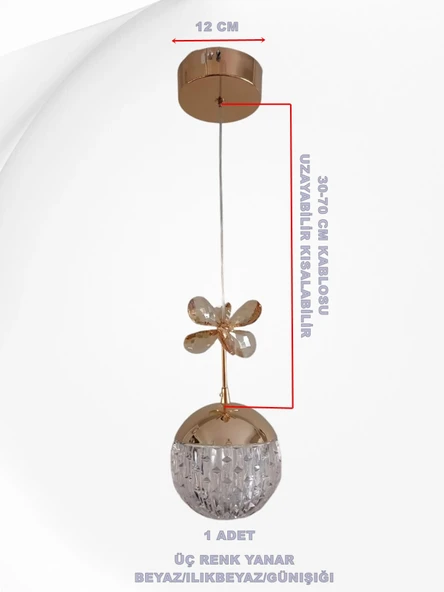 DMR Tekli Taşlı Top Sarkıt Led Avize GOLD /ALTIN Kasa Üç Renk 6500k/4000k/3000k (Beyaz/ Ilık Beyaz/Sarı (Günışığı) - 2