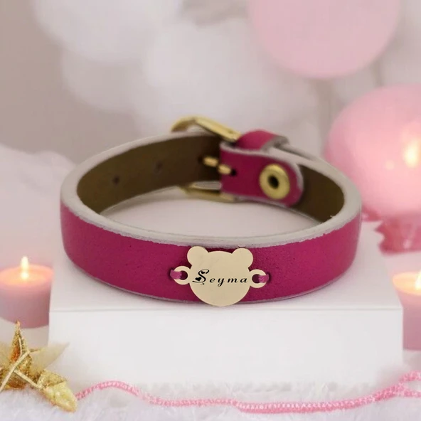 İsme Özel Ayıcık Motifli Doğal Pembe Derili 14 Ayar Altın Plakalı Hediye Bileklik-458 ürün görseli