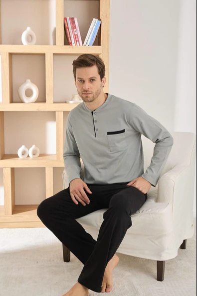 Pijamoni Erkek %100 Pamuk Penye Mevsimlik Uzun Kollu Pijama Takımı 6842 - 3