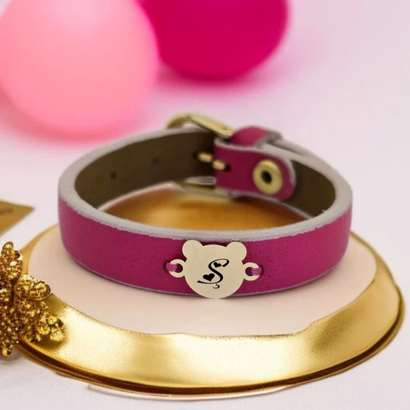Harfe Özel 14 Ayar Altın Plakalı Ayıcık Motifli Doğal Pembe Derili Hediye Bileklik-458 ürün görseli