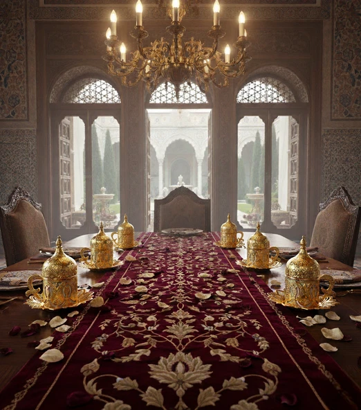 BUSEM Ahsen 6 Kişilik Kapaklı Lale Desenli Türk Kahve Fincanı 24 Parça Altın Renkli - 2