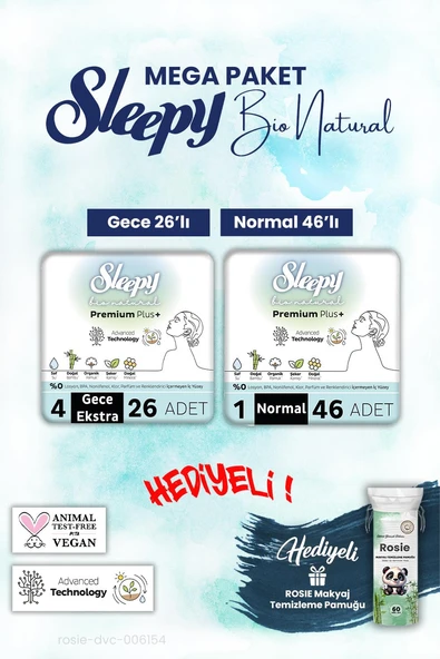 Sleepy Bio Natural Gece 26, Normal 46 Adet Mega Paket ve Rosie Pamuk ürün görseli