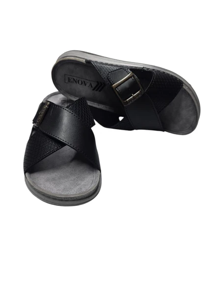 Enova Erkek Baskı Deri Anatomik Çapraz Bant Tokalı Terlik - Resim 3