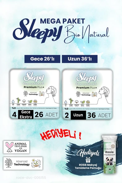 Sleepy Bio Natural Uzun 36, Gece 26 Adet Mega Paket ve Rosie Pamuk ürün görseli