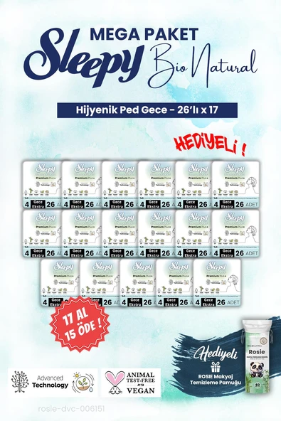 Sleepy Bio Hijyenik ped 26'lı Gece 17 AL 15 ÖDE Mega Paket ve ROSIE makyaj pamuğu ürün görseli