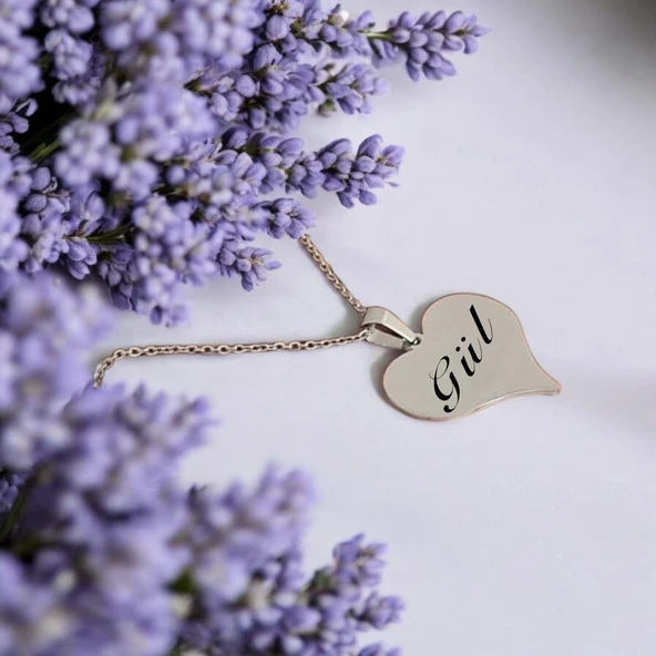 İsme Özel Kalp Figürlü Gümüş Renkli Zincirli 925 Ayar Gümüş Plakalı Hediyelik Kolye-456