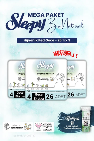 Sleepy 3'lü Bio Natural Gece 26'lı Hijyenik Ped Mega Paket ve ROSIE makyaj pamuk ürün görseli