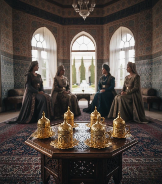 BUSEM Ahsen 6 Kişilik Kapaklı Lale Desenli Türk Kahve Fincanı 24 Parça Altın Renkli