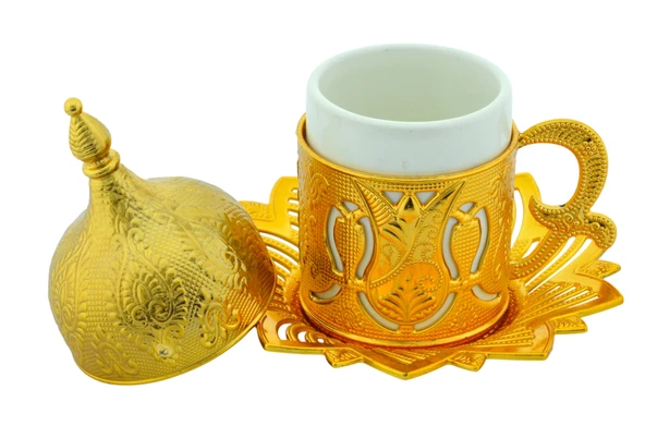 BUSEM Ahsen 6 Kişilik Kapaklı Lale Desenli Türk Kahve Fincanı 24 Parça Altın Renkli - 5