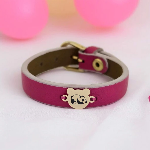 Sembole Özel Doğal Pembe Derili 14 Ayar Altın Plakalı Ayıcık Motifli Hediye Bileklik-458 ürün görseli