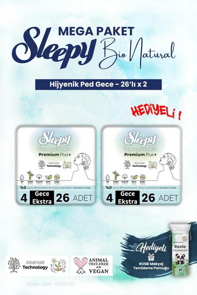 Sleepy 2 adet Mega Paket Gece 26'lı Bio Natural Hijyenik Ped ve ROSIE makyaj pamuk ürün görseli
